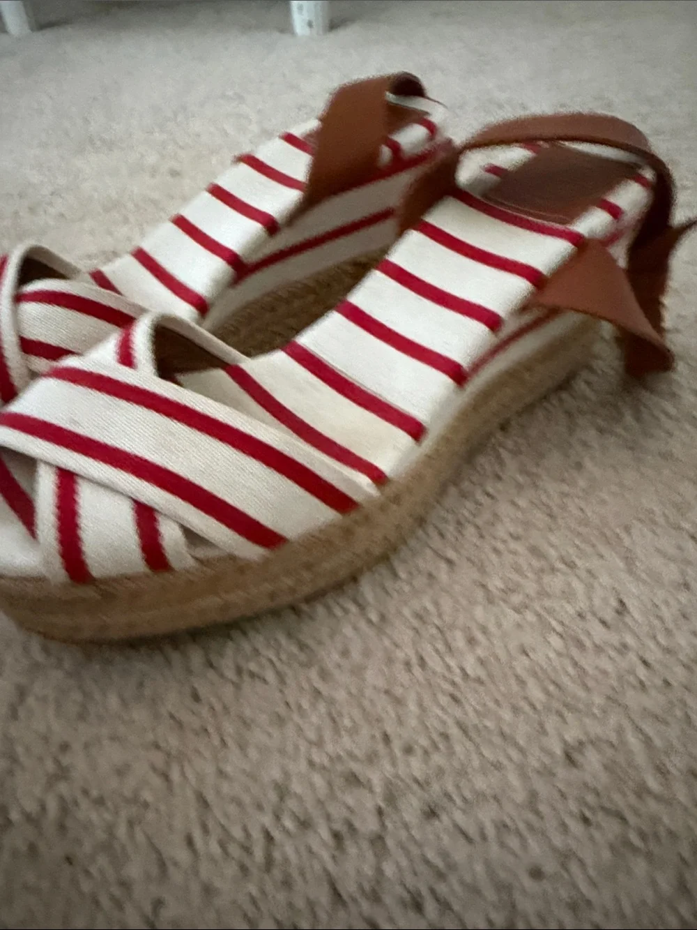 Tory Burch Red and White Striped Espadrille Wedge Sandals with Tan Ankle Strap